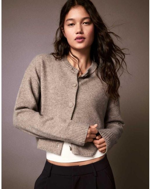 Bershka Brown Round Neck Button-up Knit Cardigan
