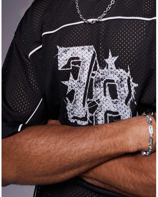T-Shirt Oversize Squadrata Airtex Con Profili A Contrasto E Grafica Di Numero di ASOS in Gray da Uomo