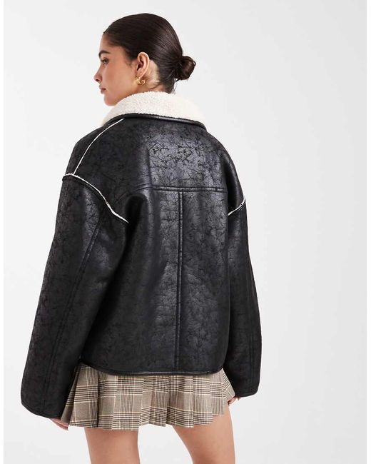 South Beach Black Reversable Borg Lined Pu Button Down Jacket