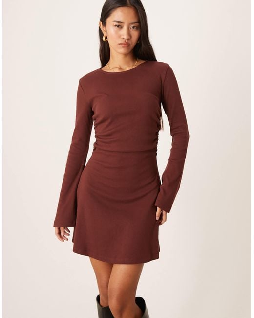 ASOS Ribbed Slash Neck Ruched Side Swing Mini Dress in Natural | Lyst ASOS Ribbed Slash Neck Ruched Side Swing Mini Dress in Natural | Lyst
