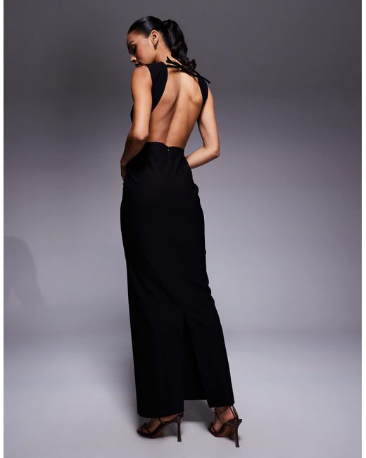 Vesper Black Bengaline Open Back Tie Detail Maxi Dress