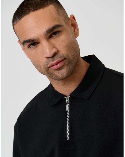 Threadbare Black Oversized Quarter Zip Polo Shirt for men