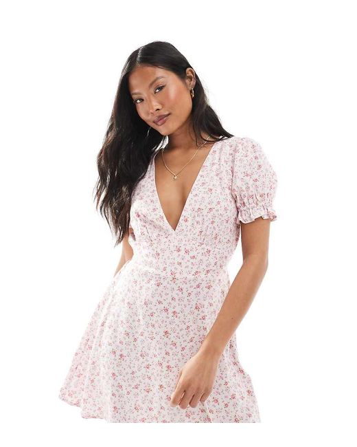 Miss Selfridge Pink Printed Spun V Neck Mini Tea Dress