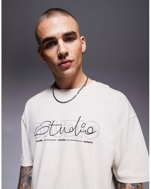 ASOS Gray Oversized Linen Blend T-shirt With Text Graphic for men