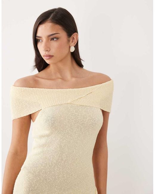 Aria Cove Natural Boucle Knit Twist Bardot Knot Drape Front Mini Dress