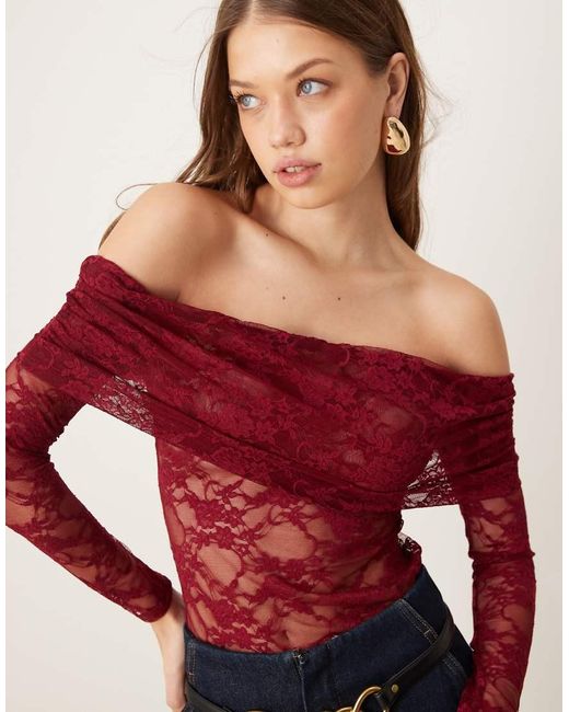 Miss Selfridge Red Lace Deep Fold Over Top