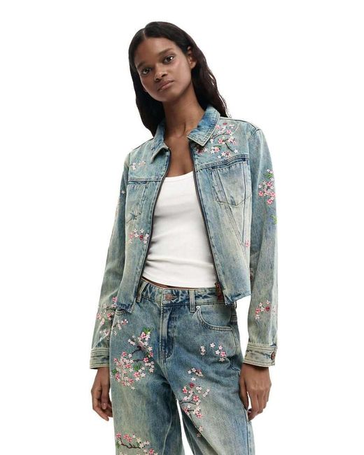 Desigual Blue Embroidered Denim Jacket