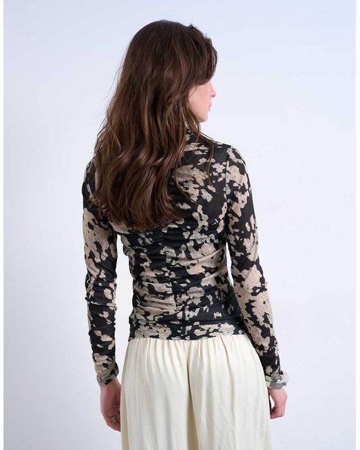 TOPSHOP Black Animal Mono Spot Print Ruched Long Sleeve Top