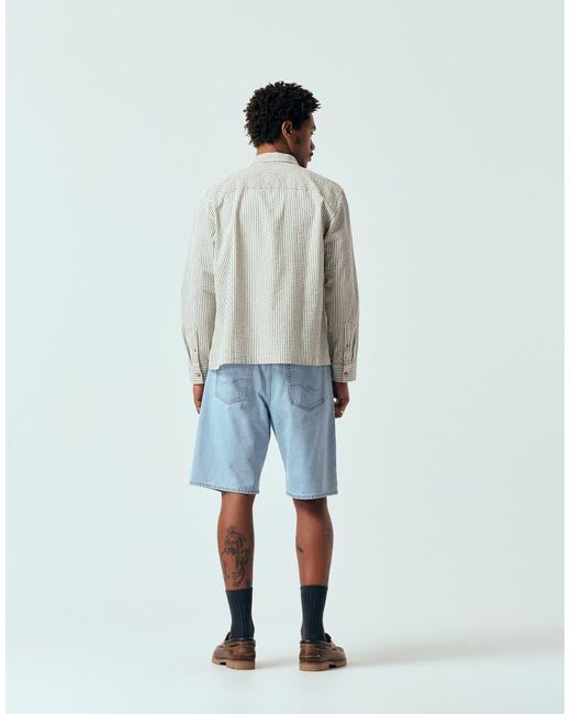 ASOS Blue Relaxed Seersucker Striped Shirt With Chest Embroidery for men