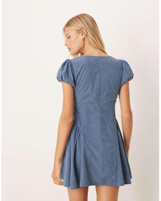 ASOS Blue Cord Corset Waist Mini Dress With Puff Sleeve