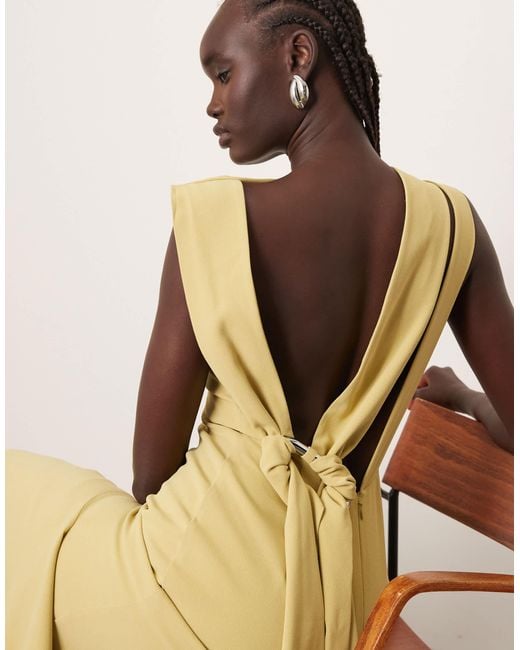 drape backless dress Women's White Chiffon Plunge Neck Drape Front Split Backless Maxi Dress