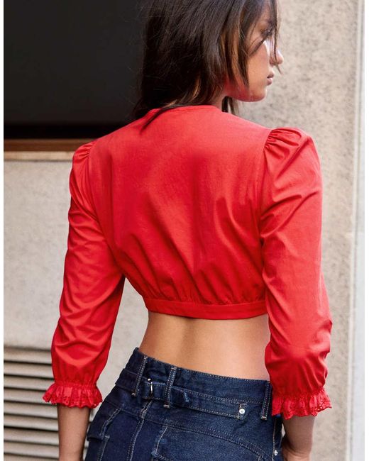 Bershka Red Long Sleeve Cropped Shirt
