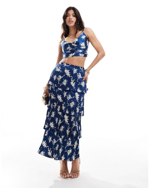 Abercrombie & Fitch Blue Co-ord Tiered Floral Print Satin Maxi Skirt