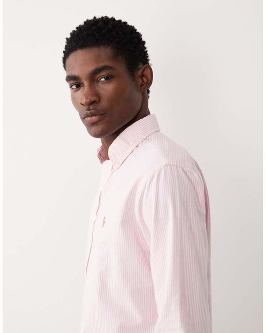 Polo Ralph Lauren Pink Icon Logo Custom Fit Long Sleeve Striped Shirt for men