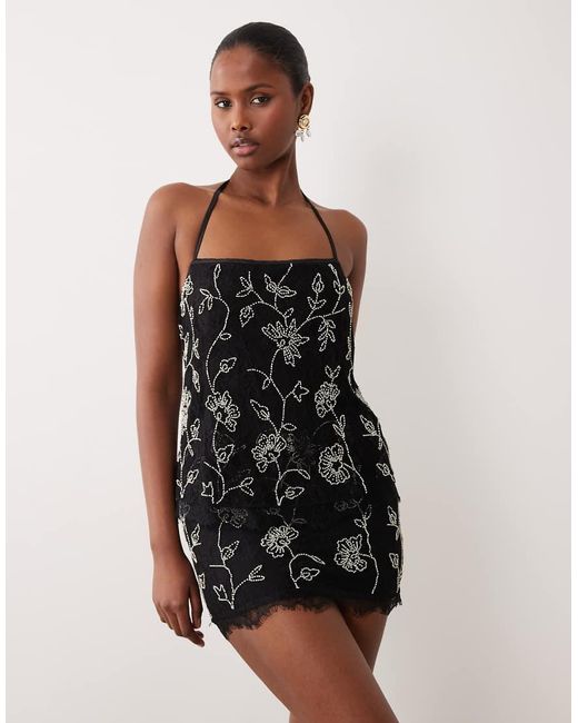 ASOS Natural Lace Mini Dress With Layered Bodice And Fitted Skirt With All Over Embellishment