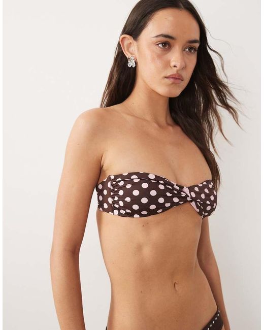 Mango Black Ruched Tie Back Polka Dot Bandau Bikini Top