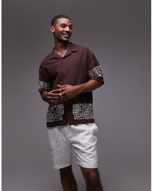 Topman Gray Oversized Fit Textured Button Through Jersey Shirt With Geo Cord Embroidery for men