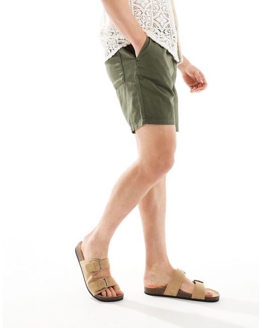 ASOS Green Slim Mid Length Linen Shorts With Elasticated Waist for men