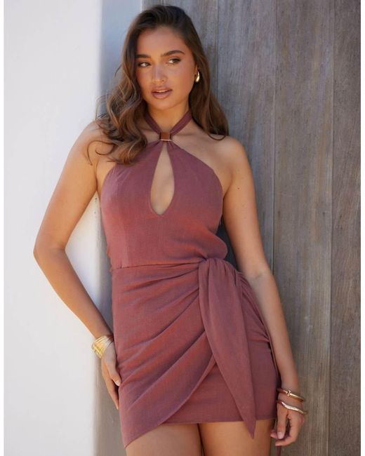 Noughts & Kisses Red Linen Blend Gold Hardware Halterneck Keyhole Plunge Wrap Skirt Detail Mini Dress