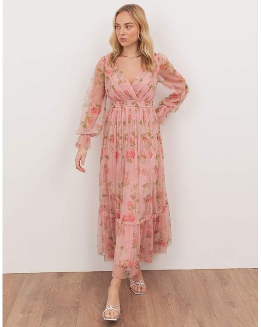 ANAYA Pink Floral Print Faux Wrap Long Sleeve Midaxi Dress