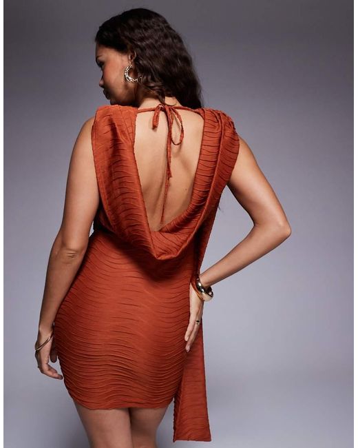 ASOS Orange Asos Design Petite Textured Slash Neck Mini Dress With Draped Sash Detail