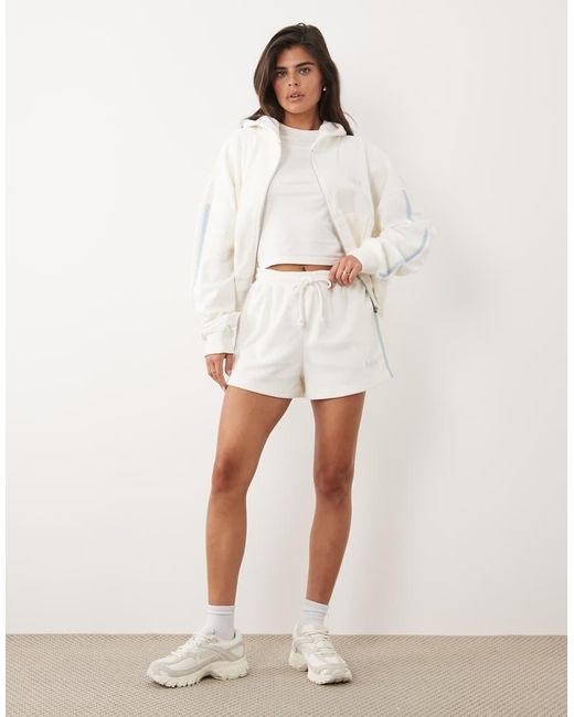 Kaiia White Cotton Rich Embroidered Logo Side Stripe Towelling Shorts Co-ord