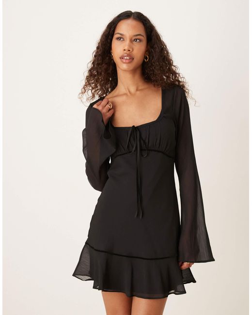 ASOS Black Ruched Bust Scoop Long Sleeve Mini Dress