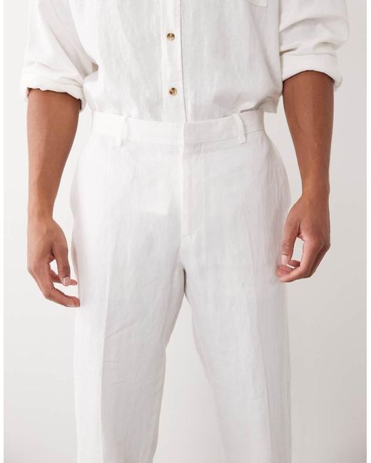 Mango White 100% Linen Front Pleat Trousers for men