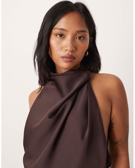 ASOS Brown Asos Design Petite Satin Halterneck Maxi Dress With Cowl Back Detail