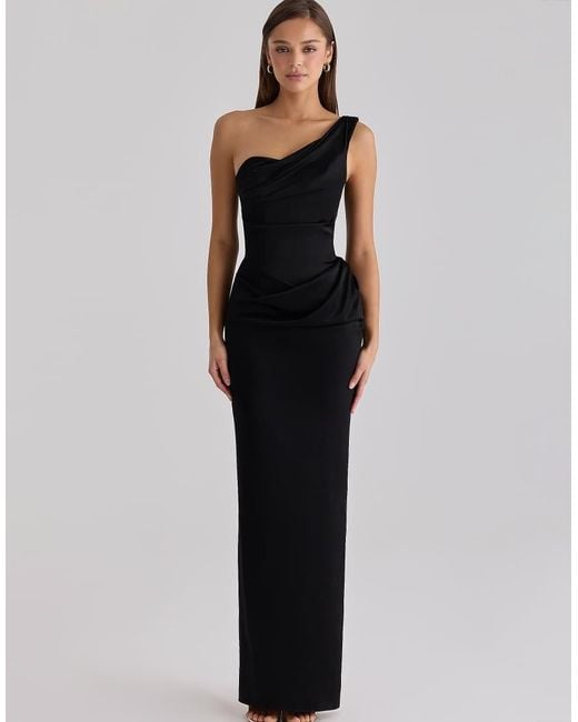 House Of Cb Black Caprice Satin One Shoulder Maxi Dress