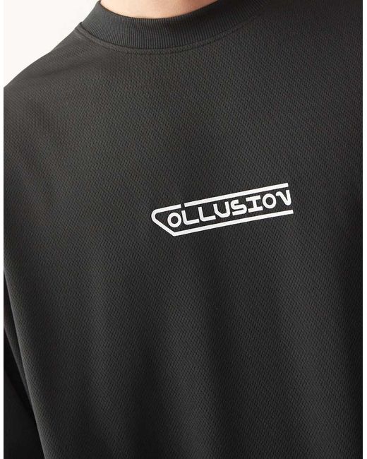 Collusion Black Unisex Sports Airtex Logo Printed T-shirt