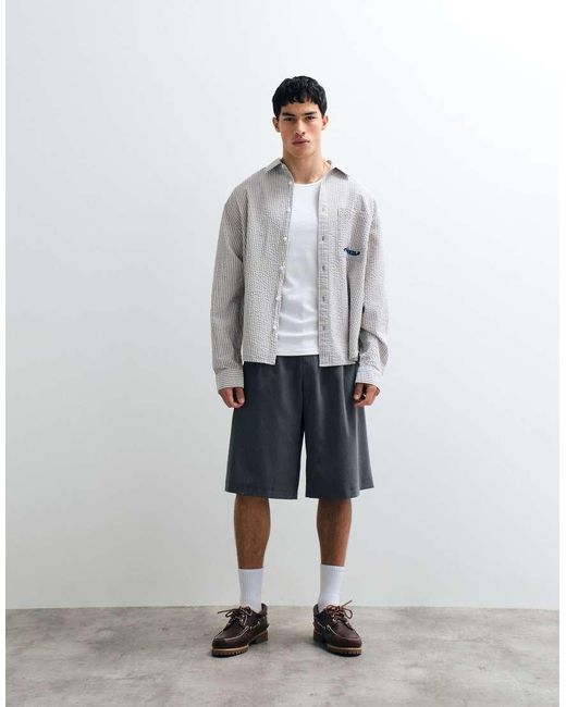 ASOS White Oversized Seersucker Stripe Shirt With Chest Embroidery for men