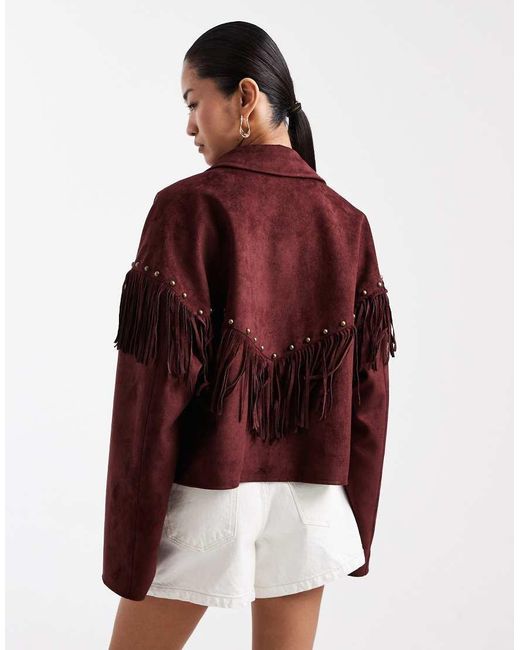 Miss Selfridge Brown Faux Suede Crop Fringe Stud Jacket