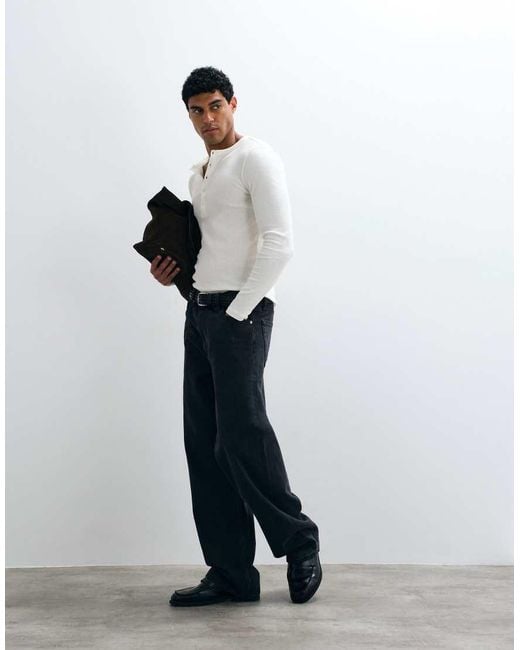 ASOS White Lightweight Muscle Fit Long Sleeve T-shirt With Henley Neck for men