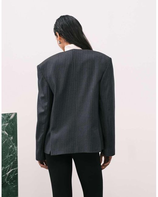 ASOS Blue Tailored Strong Shoulder Collarless Blazer