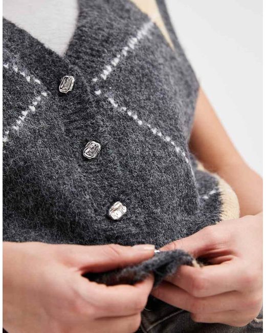 Object Gray V Neck Button Front Knitted Vest