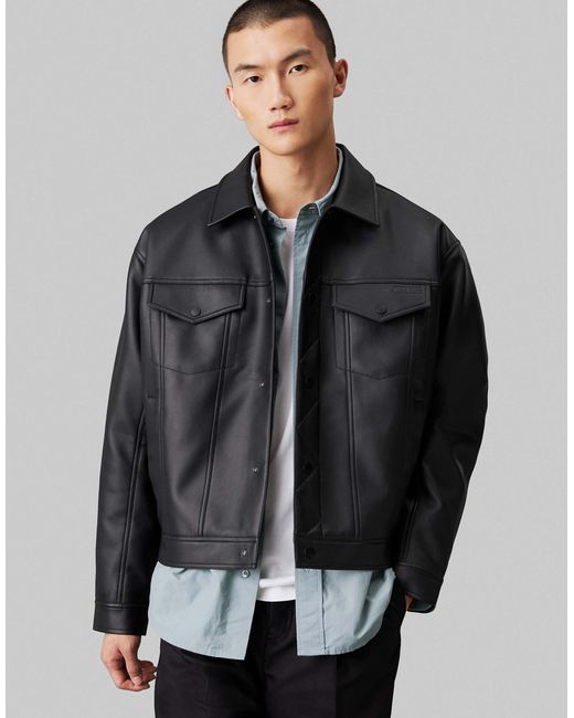 Calvin Klein – trucker-jacke aus kunstleder in Gray für Herren