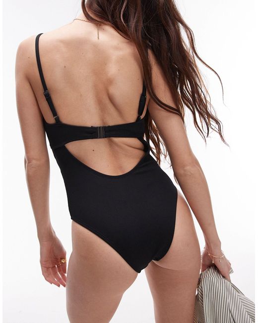 TOPSHOP Black Rib Cut Out Swimsuit With Metal Trim