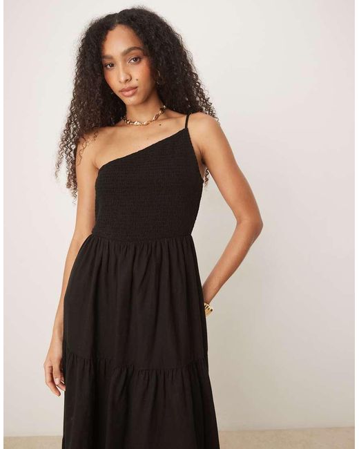 Nobody's Child Black Frome One Shoulder Shirred Midi Dress