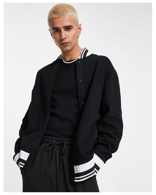 ASOS Cotton Oversized Jersey Bomber Jacket With Tipping in Blue for Men - Lyst
