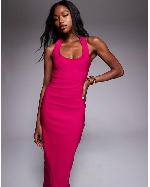 Vesper Pink Bengaline Scoop Neck Halterneck Bodycon Midaxi Dress