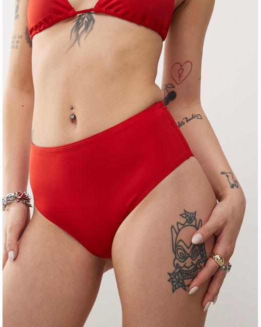 Monki Red Mix And Match High Waist Bikini Bottom