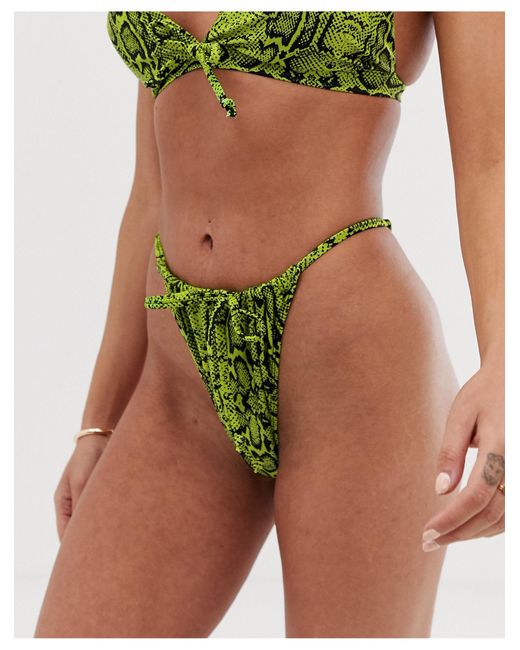 Wolf & Whistle Green – eco exclusive – limettene tanga-bikinihose mit hohem bund, bindedetail vorne und schlangenhautmuster