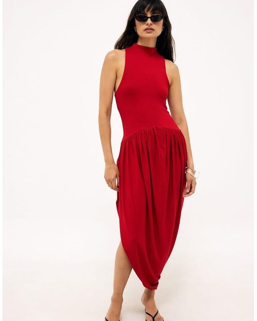 NA-KD Red Jersey Balloon Maxi Dress