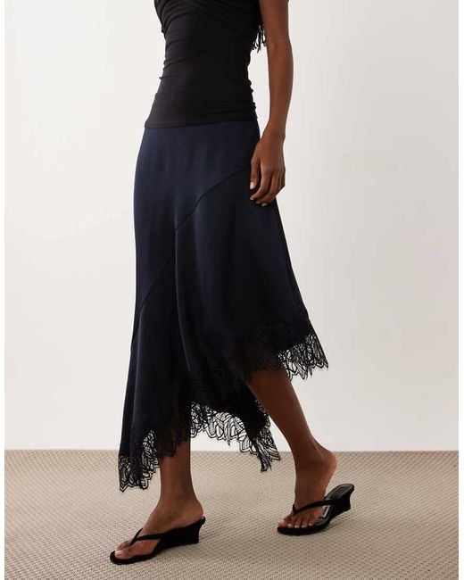 Vila Blue Asymetric Satin Mini Skirt With Lace Trim