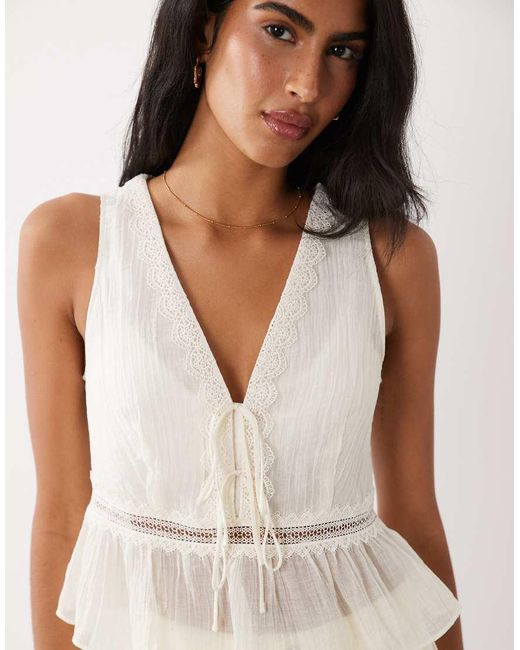 Mango Natural V-neck Lace Trim Sleeveless Top With Bow Detail