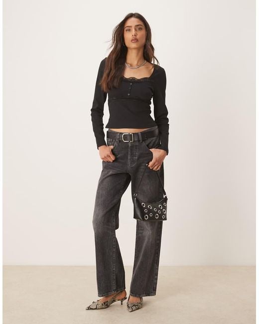 ASOS Geribbelde Top Met Lange Mouwen, Kant En Knoopdetail in het Black