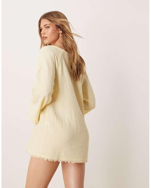 ASOS Natural Callie Cheesecloth Frayed Long Sleeve Reversible Beach Dress
