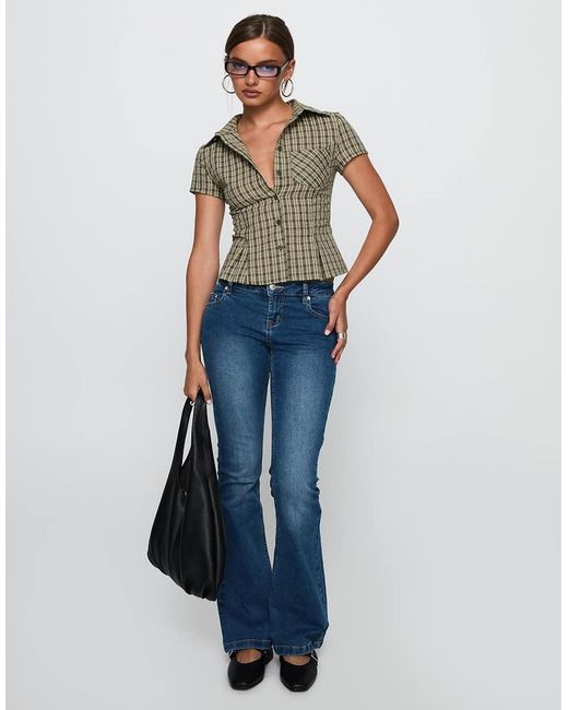Princess Polly Green Alma Cotton Rich Pleat Waist Detail Pocket Front Fitted Short Sleeve Shirt