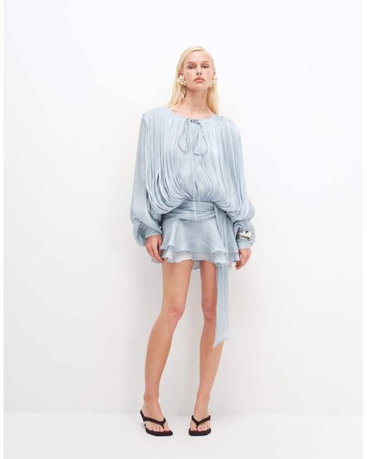 Lioness Blue Elements High Sheen Chiffon Drape Detail Balloon Sleeve Tie Waist Mini Dress